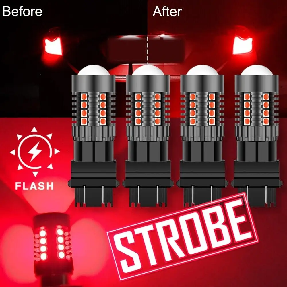 4x T25 3156 3157 LED Strobe Brake Lights Bulbs, Red Flashing Stop Lamp 3057K 4057K 3457 4114 4157KX 3157KK 3157KX 3155