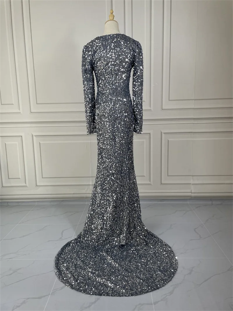 Sequins Paillette Deep-V Neck Women Prom Dress Long Tail Tight Waist Party Gown Elegant Grey Black Evening Dress Newest In Stock