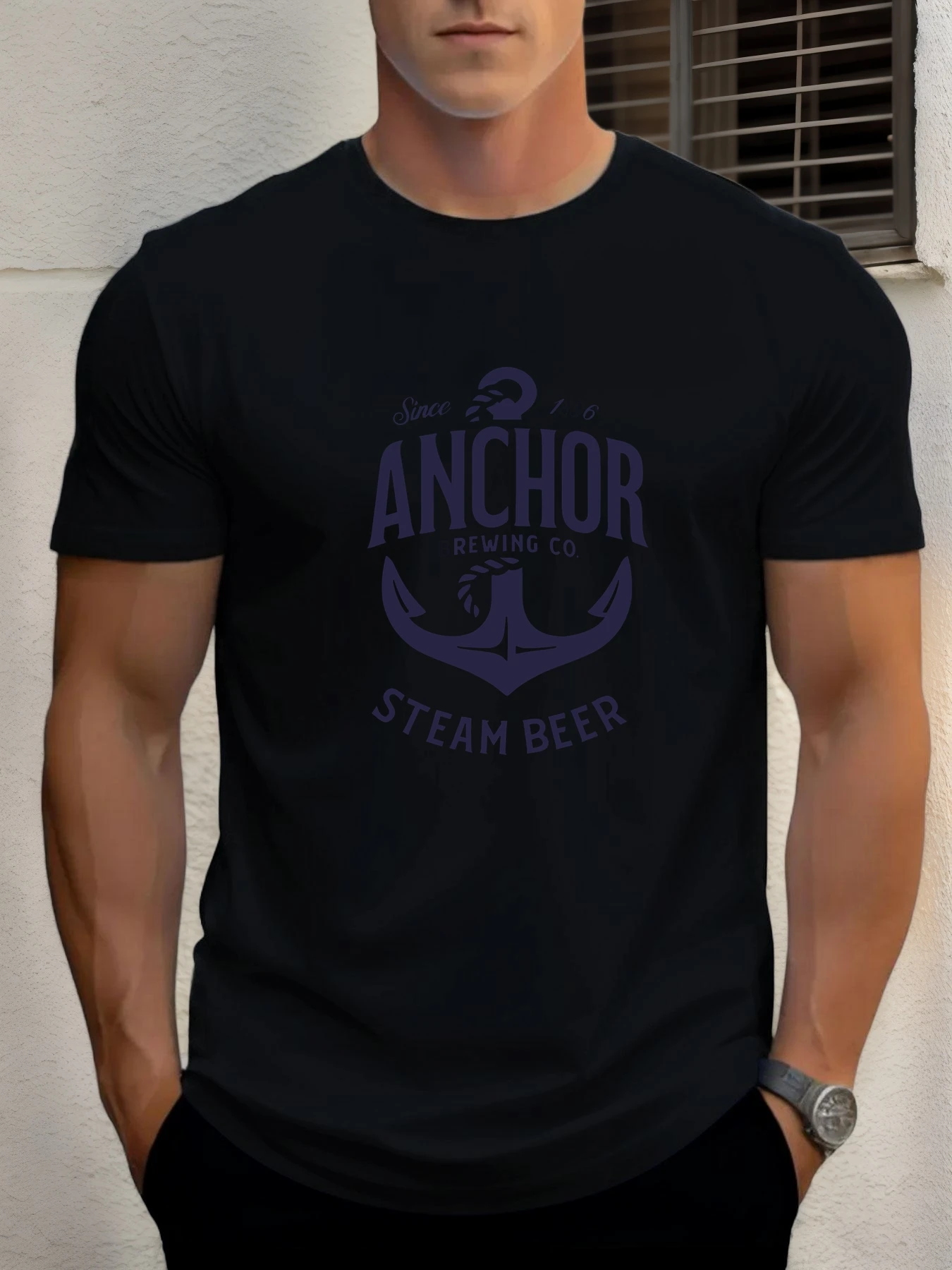 

Men's cotton T-shirt, summer round neck short sleeves, anchor print breathable street clothing fashion cool T-shirt