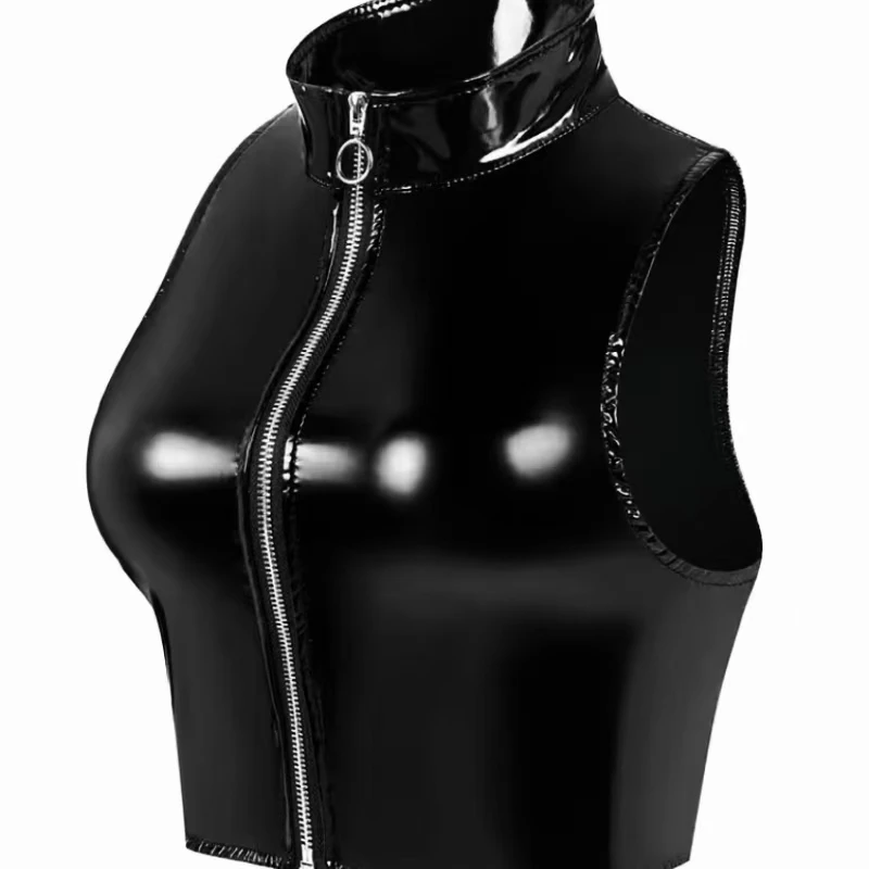 KNOW DREAM Glossy Vinyl Halter Top Shiny PU Leather Crop Tops Sleeveless Zipper Vest Camis Tights Sexy Clubwear Croptop Cropped