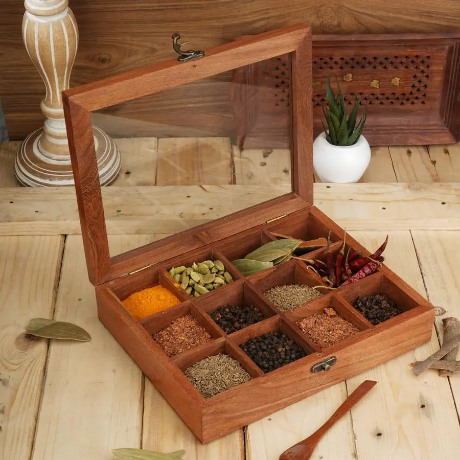 Caja de especias de madera de 10x8 pulgadas, organizador decorativo indio Masala Dabba con tapa de vidrio, 12 compartimentos, cuchara, contenedor de almacenamiento de especias