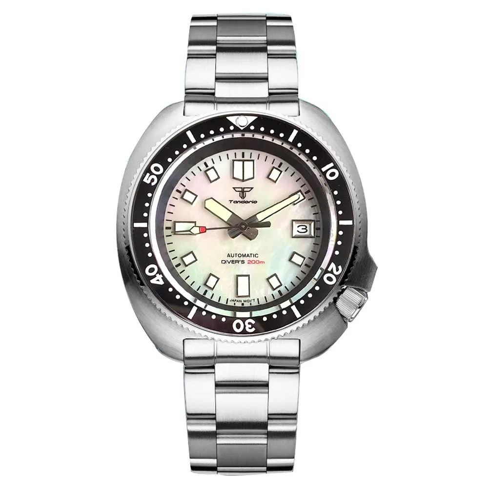 Tandorio NH35 MOP Dial Watch for Men Captain Steel Mechanical Diving 20Bar Silicone Strap Diving Lume Clock