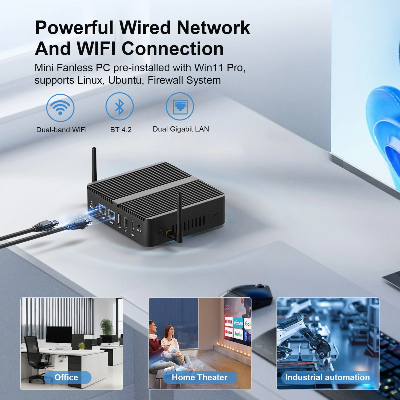HYSTOU 팬리스 미니 PC 산업용 컴퓨터 OPNsense Pfsense Win 11 DIN 레일 소형 베어본 인텔 셀러론 N100 다양한 포트