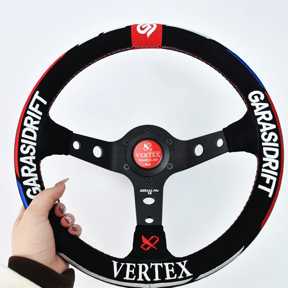 TIYPEOR universal 330mm suede leather car steering wheel round hole deep bracket steering wheel