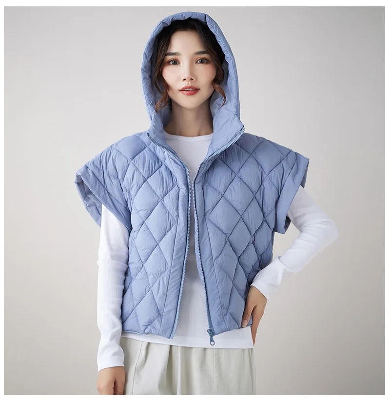 

Autumn/Winter New High-End 90% White Duck Down Vest with Flying Sleeve Hooded Bodywarmer Vest Coat for Women