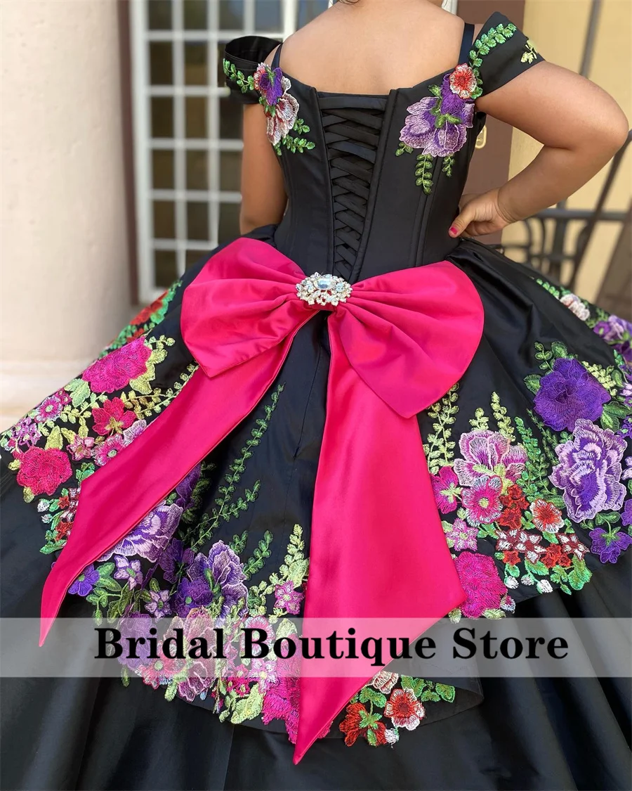 Luxury Cute Mexi Black Flower Girls Dress Embroidery Princess Ball Gown Pearls Crystals Beads Child Birthday Party Customized