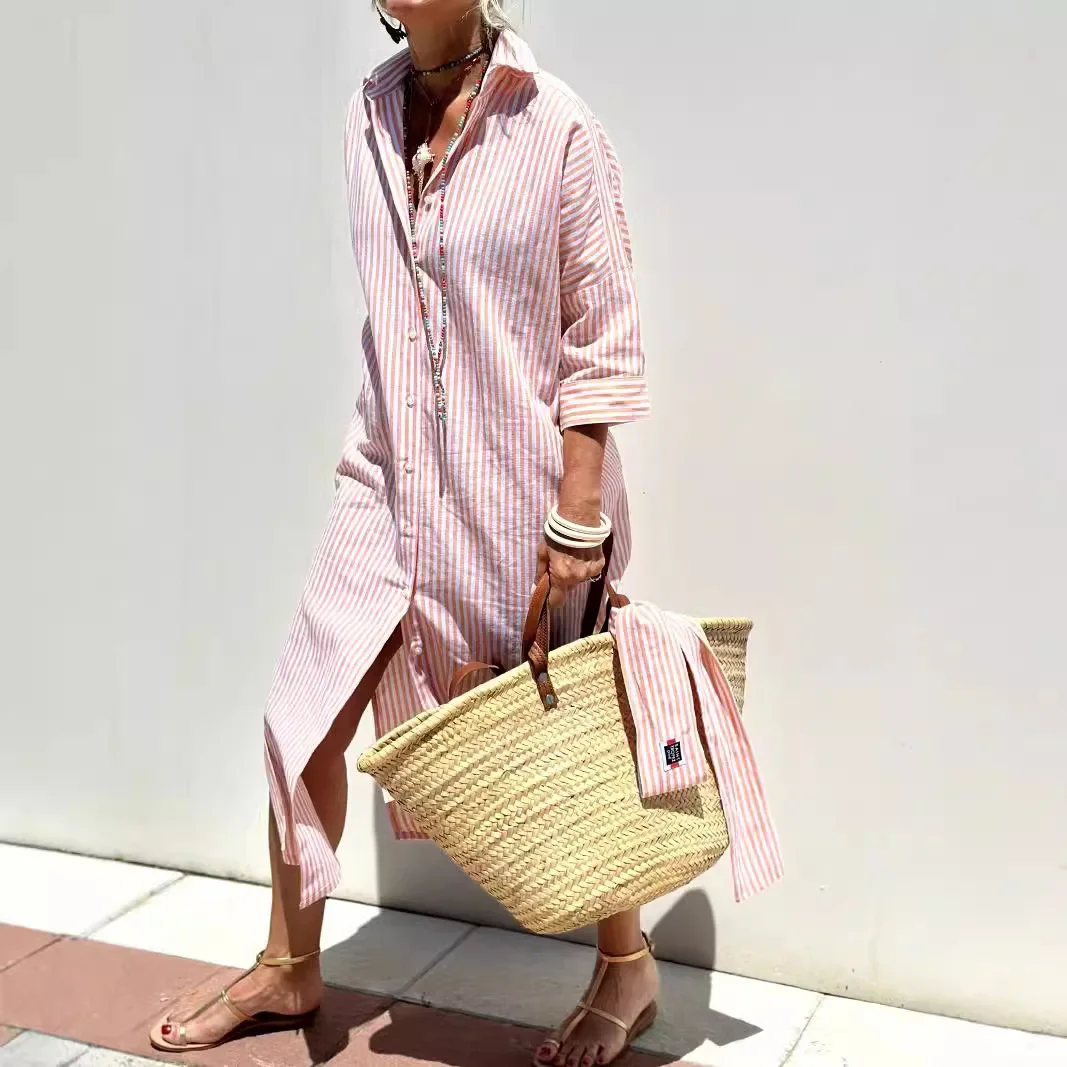 Gestreepte split-shirtjurk met halve mouwen, losse jurk, hoge taille, zomermode