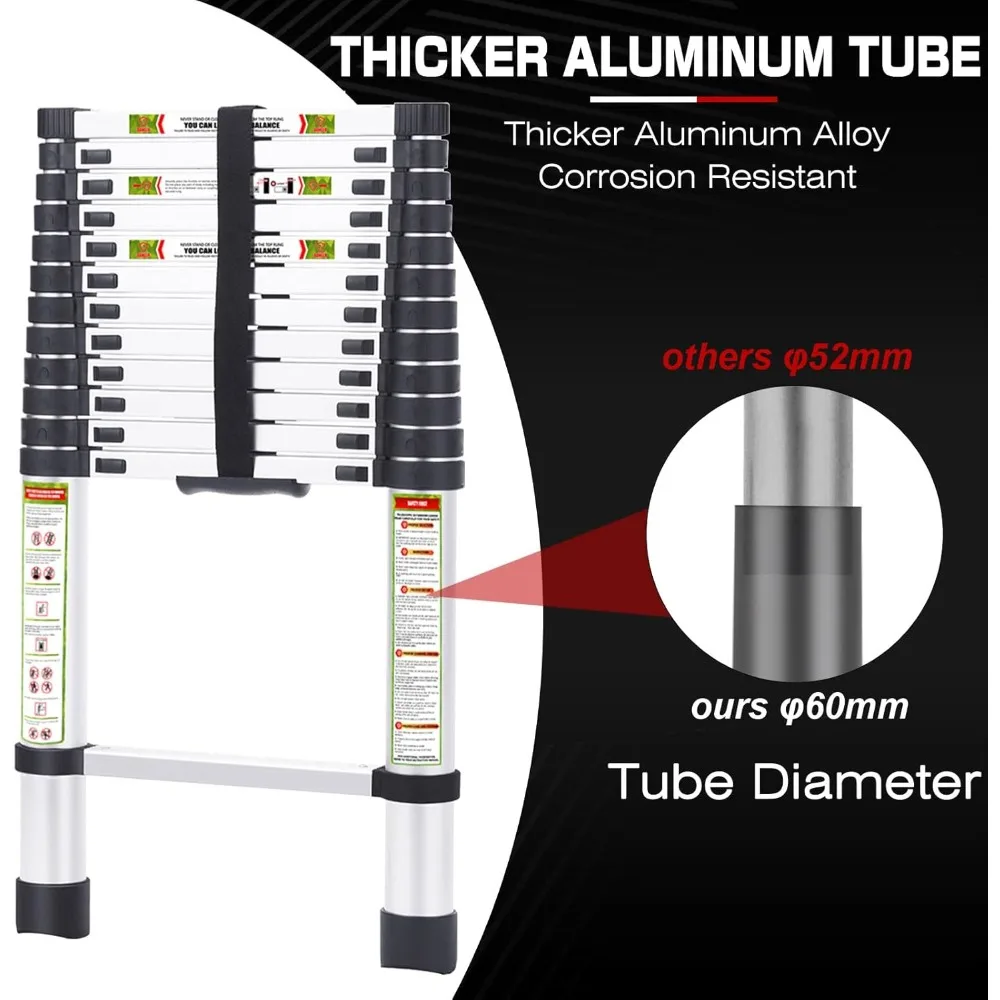 12,5 Fuß große Aluminium-Teleskopleiter mit rutschfesten Füßen, tragbare Verlängerungsleiter für den Heim- und Außenbereich, 330 Pfund Kapazität