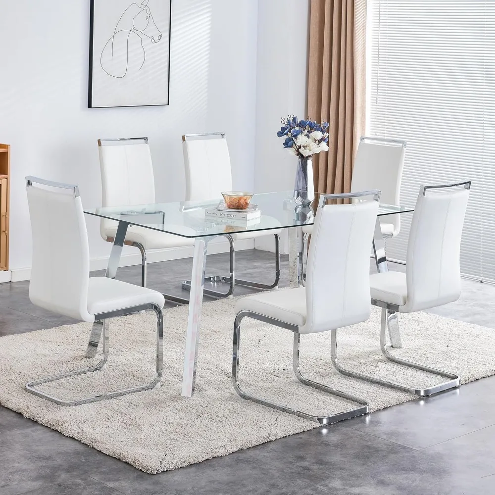 Glass Table Set 6, Dining Room Table Set 6, 63 Inch Kitchen Table with 6 Silver Leg Chairs, 7 Pieces Tempered Glass Tables Set