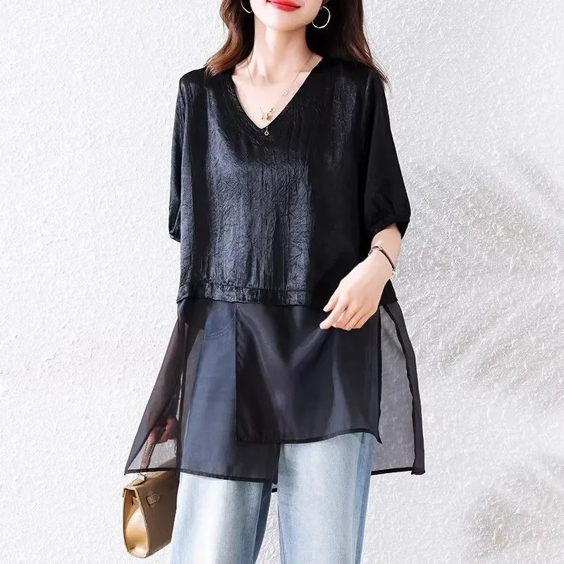 Blusa elegante de gasa negra con cuello en V para mujer, blusa informal de manga larga, túnica holgada, top informal a la moda