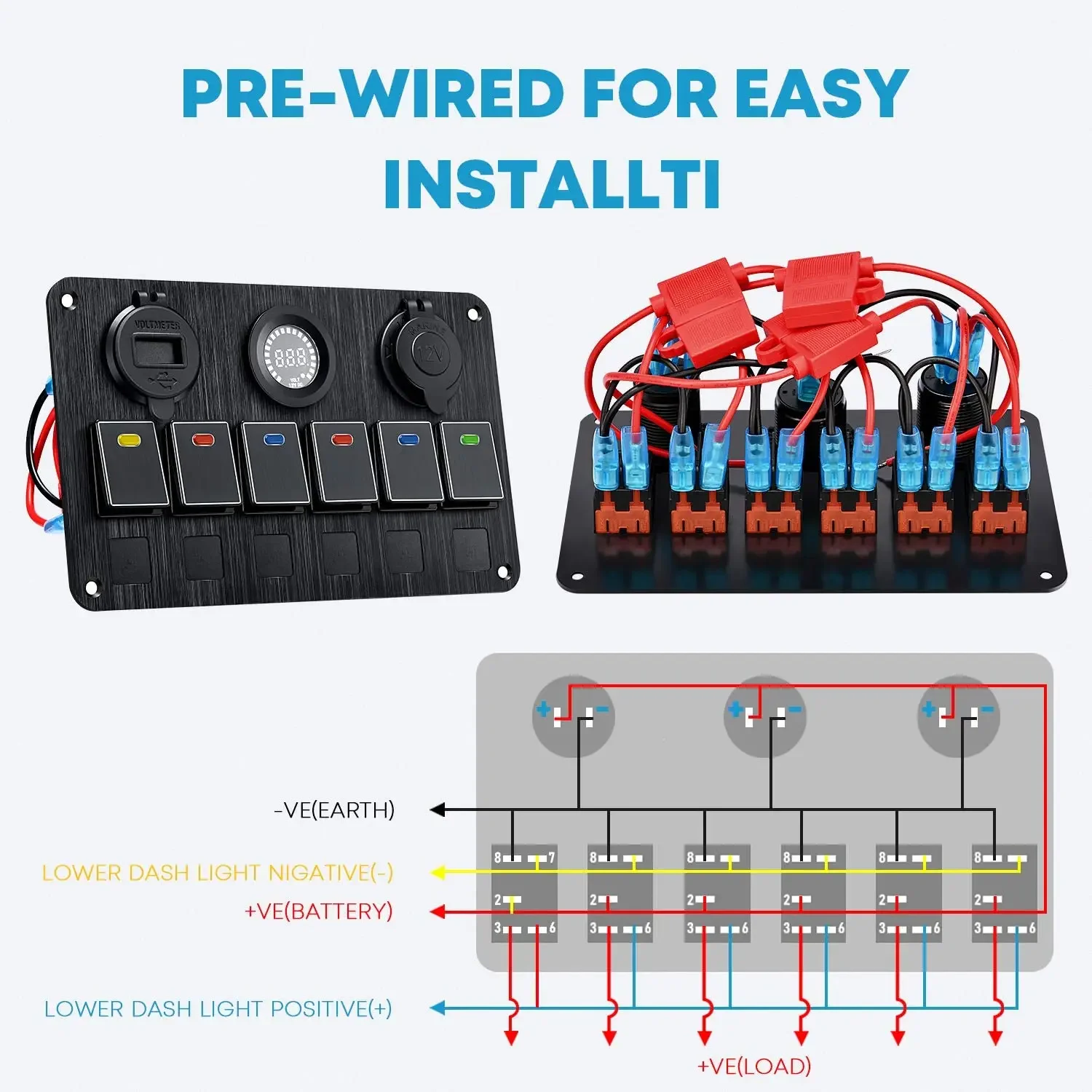 Waterproof Truck Marine Boat QC3.0 USB Charge Aluminum 6 Gang Boat Rocker Switch 12V Car Marine Switch Panel Led Switch Panel