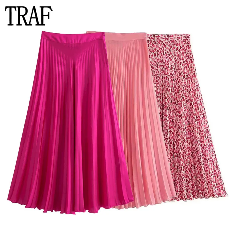 TRAF 2023 Pleated Long Skirts for Women Fairycore Tulle Skirt Women Summer High Waist Woman Skirts Ruched Midi Women\'s Skirts