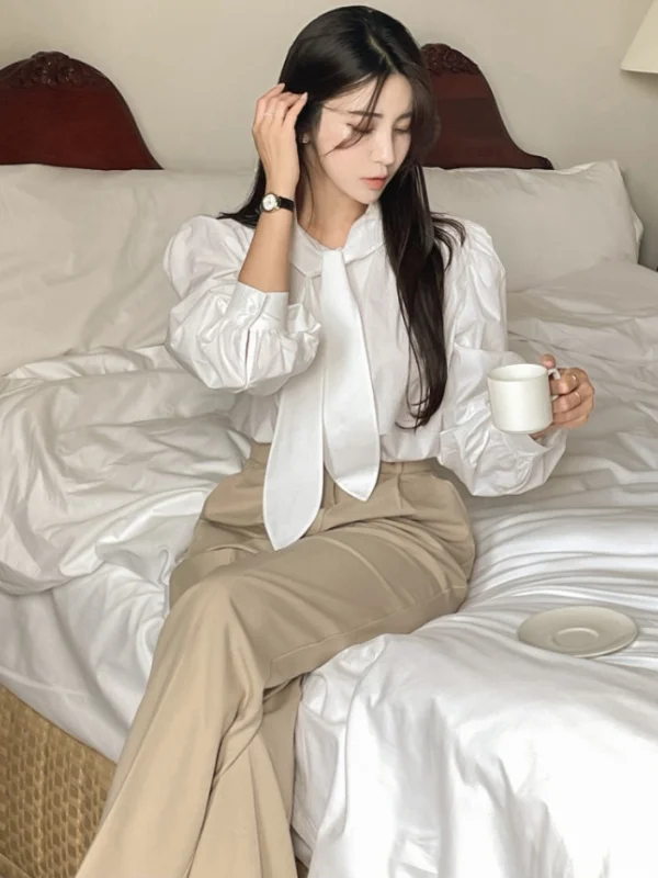 

Ele Korean Sle White irt Женский модный топ Sa High-Ne Long Sve Top Ele Simple Sle Cotton Blend irt