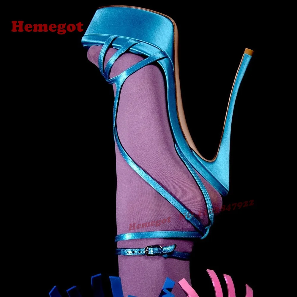 

Синие атласные сандалии на платформе с пряжкой, женские сандалии с открытым носком и открытой пяткой, туфли на шпильке, элегантные туфли для подиума, новинка 2023 года