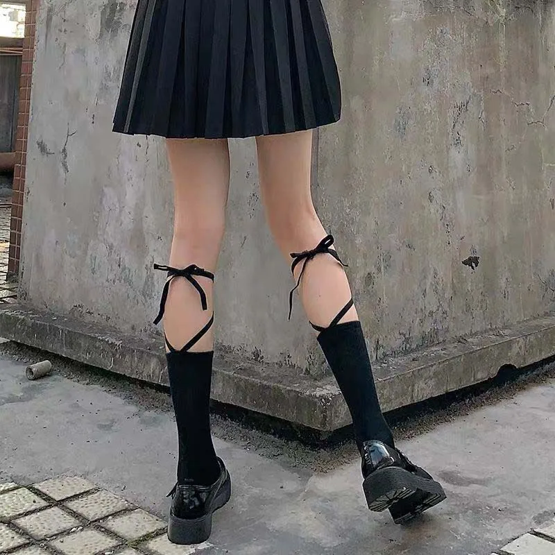 Fashion Women Sexy Lace-Up Cross Calf Socks Cute Preppy Sweet Girl Lolita Student Black Gothic Mid-Tube Socks