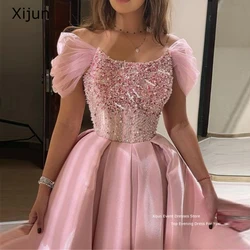 Xijun-vestido de noite rosa com boné frisado para mulheres, vestidos curtos sem mangas, comprimento do tornozelo, tecido árabe saudita, 2023