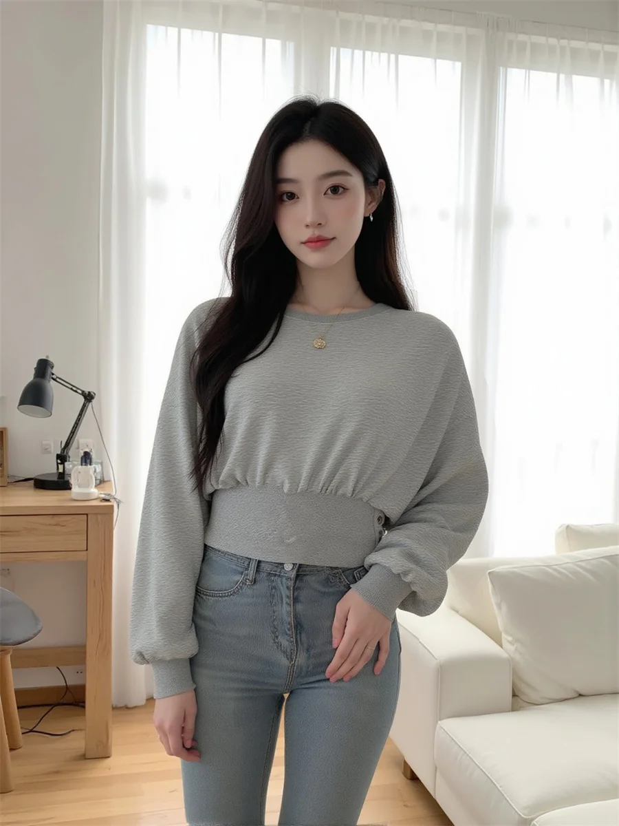 Moletom cinza sem capuz feminino, manga longa, tecido misturado modal, elástico, confortável, respirável, amigável à pele, qualidade alta