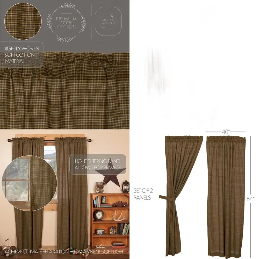 

Green Plaid 84x40 Cotton Curtain Panels with Rustic Rod Pocket and Tie Backs