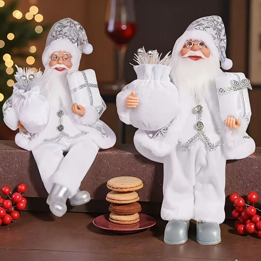 White Standing and Sitting Santa Claus, New Year, Christmas Gifts, Home Furnishings, Window Decorations