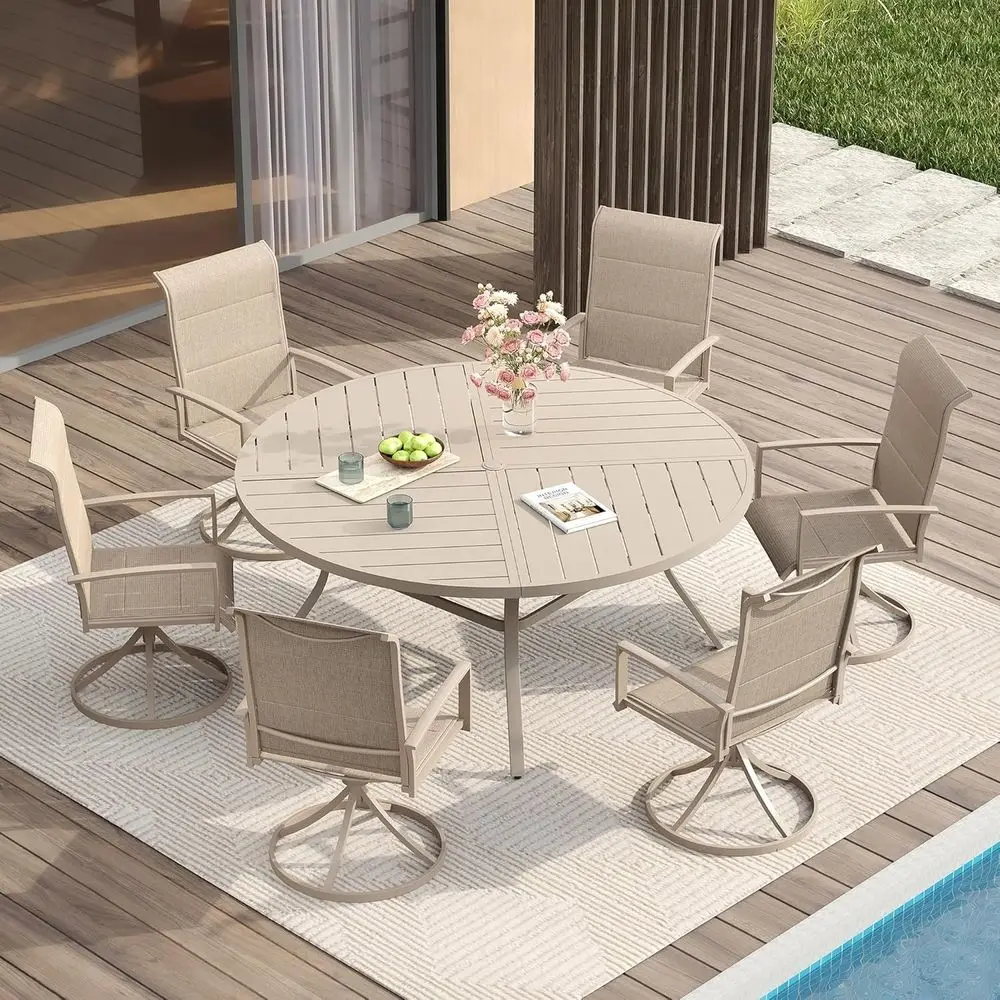 

6-Seat Outdoor Dining Set with 53.1 Round Sandshell Table and Swivel Chairs
