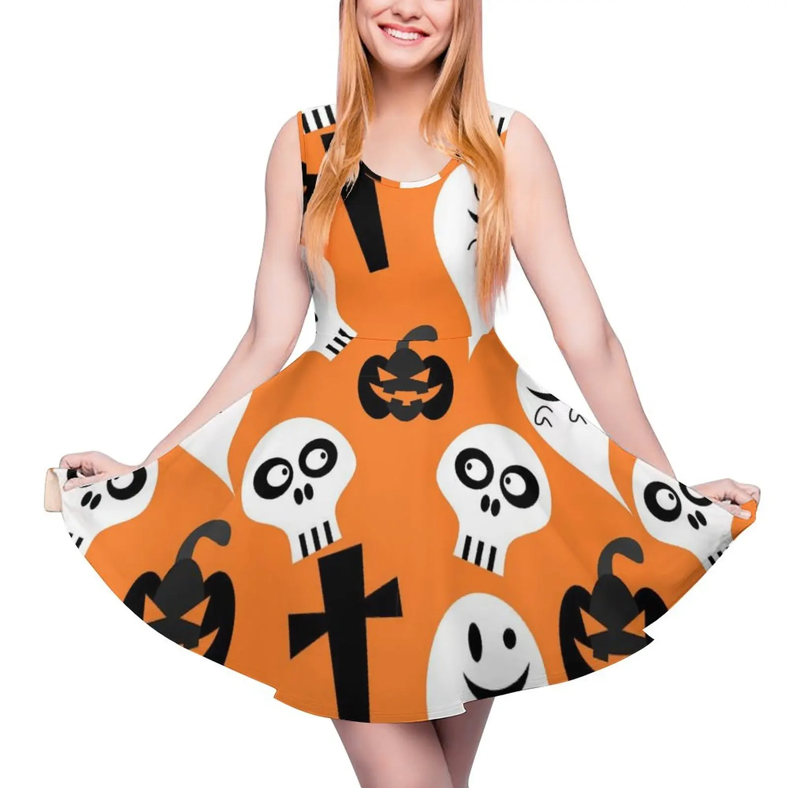 Happy Haunts Print Dress High Waist Halloween Ghost Casual Dresses Spring Female Oversize Cute Design Skate Dress