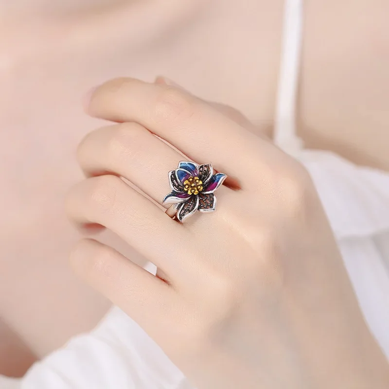 New Retro Ethnic Landscape Thai Blue Enamel Lotus Ring Female Personality Simple Fashion Live Ring Jewelry