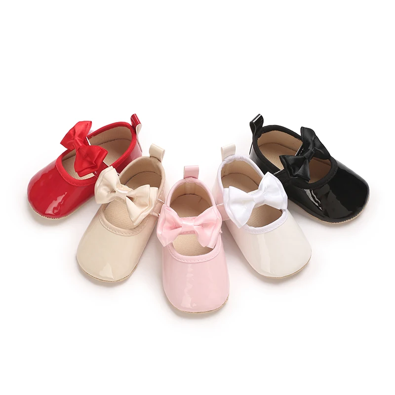 First Walker newborn casual shoes baby bow anti slip soft sole flat bottom PU newborn bow decoration Mary Janes