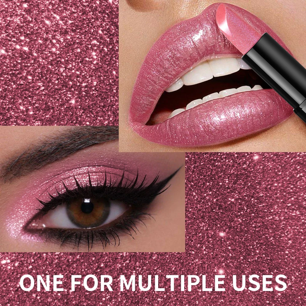 Rossetto glitterato metallizzato, lucentezza perlata, texture cremosa a lunga tenuta, trucco per feste ad alta pigmentazione