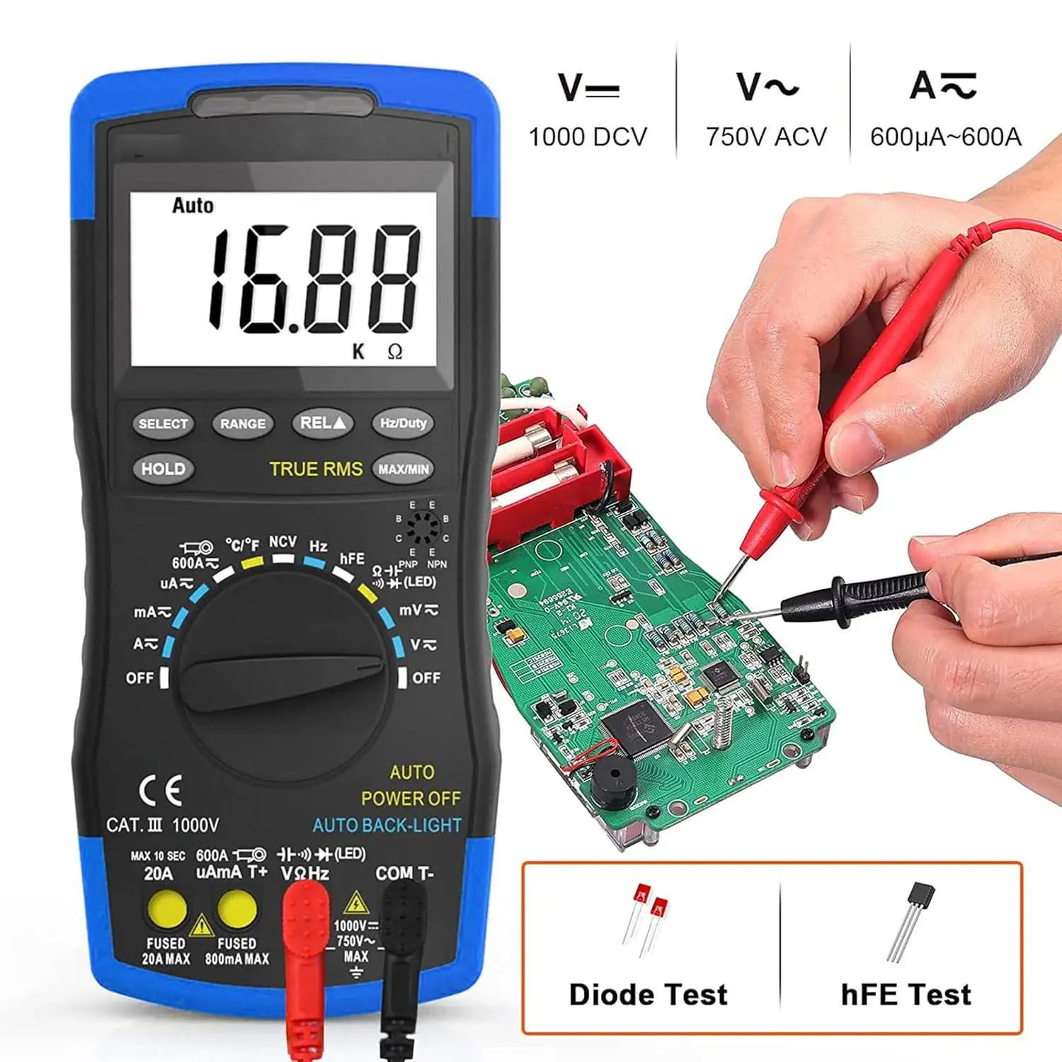 

Digital Multimeter Voltmeter TRMS 6000 Counting AC/DC NCV 1000V 20A Bluetooth Test, Multifunctional Tester with Resistance