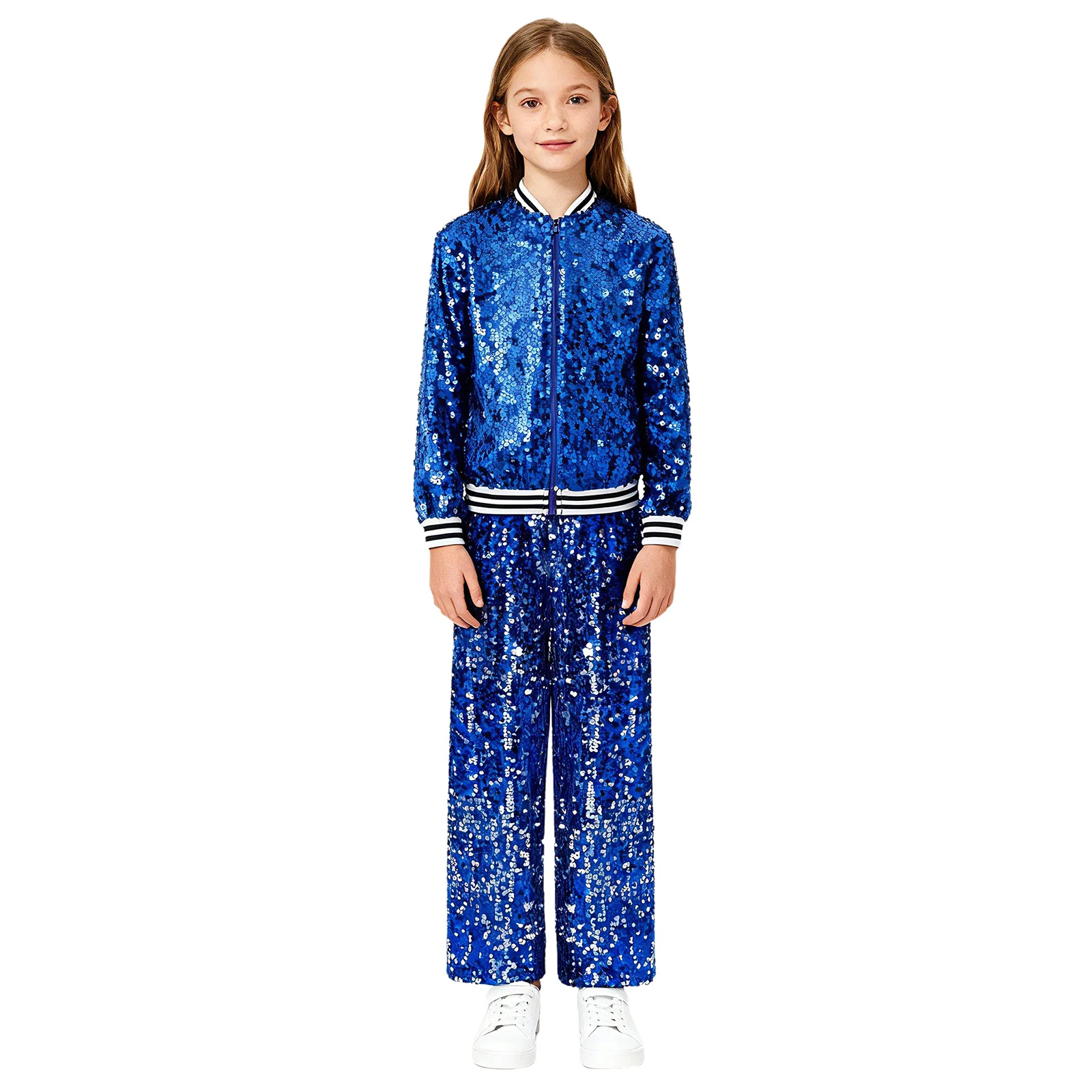 

Kids Girls Radiant Disco Hip Hop Wear Long Sleeve Front Zip Up Baseball Jacket And Long Pants for Jazz Dance Stage Competition