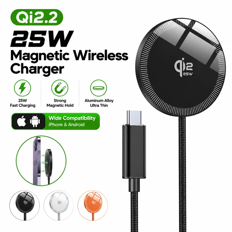 25W Qi2.2 Ultra Thin Aluminum Alloy Magnetic Wireless Charger Fast Charging Pad Universal Compatible with iPhone Android