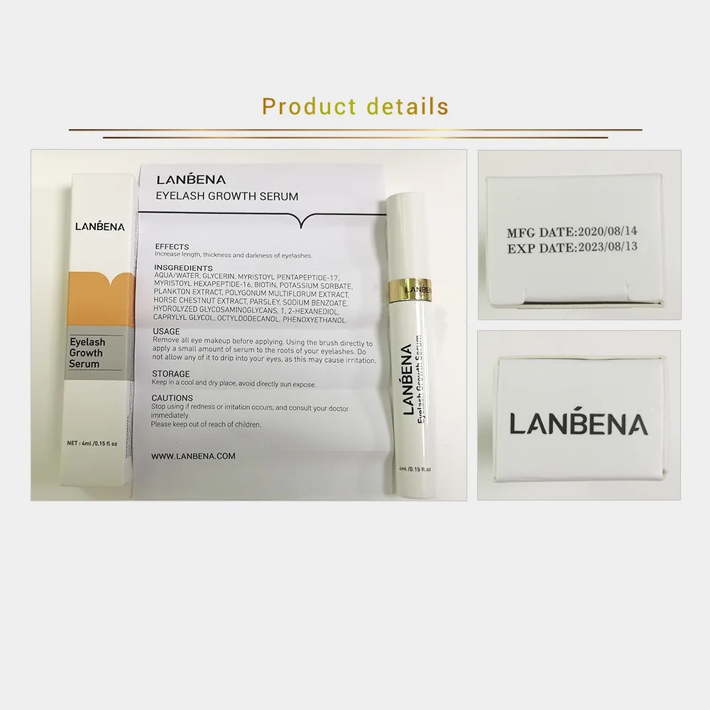 LANBENA Serum pertumbuhan bulu mata 4ml, Essence ekstensi bulu mata untuk meningkatkan panjang, ketebalan, dan kegelapan bulu mata