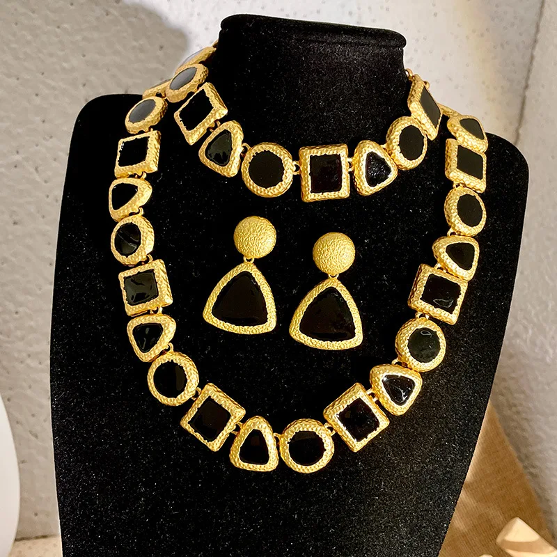 Fashion Jewelry Vintage Temperament Geometric Splicing Color Necklace Earrings For Women Female Gifts Simply Design Accessories