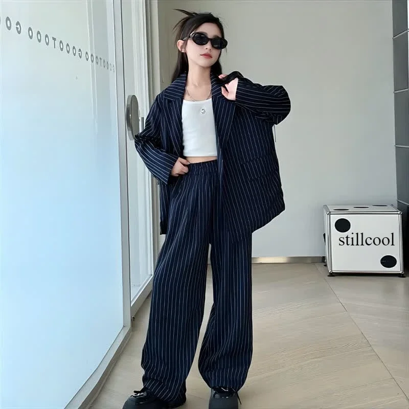 

School Uniform for Girls Blue Striped Blazer Pants Two Pieces Teenage Kids Suit Casual Loose 10 12 Years Children Clothes Set