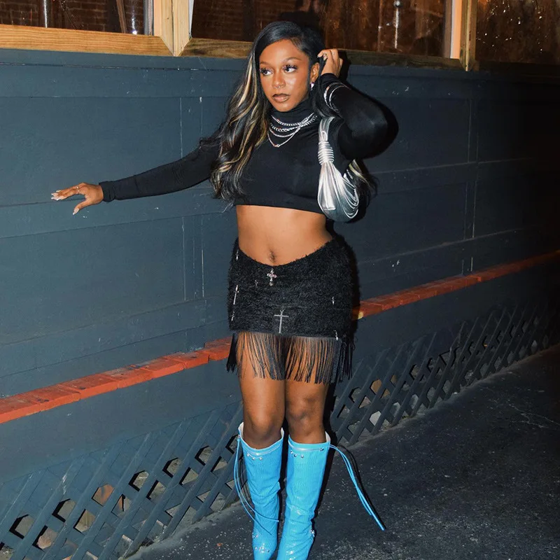 

Summer Fashion Casual Spicy Girl High waisted cross print tassel short skirt