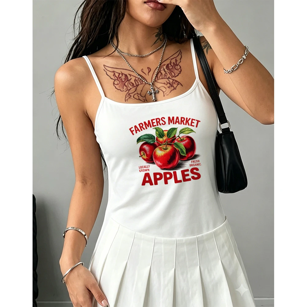 Women Cami Tank Top Farmers Market Apples Retro Graphic Sleeveless Slim Fit Top Cute Vintage Fruit Print for Summer Casual Daily