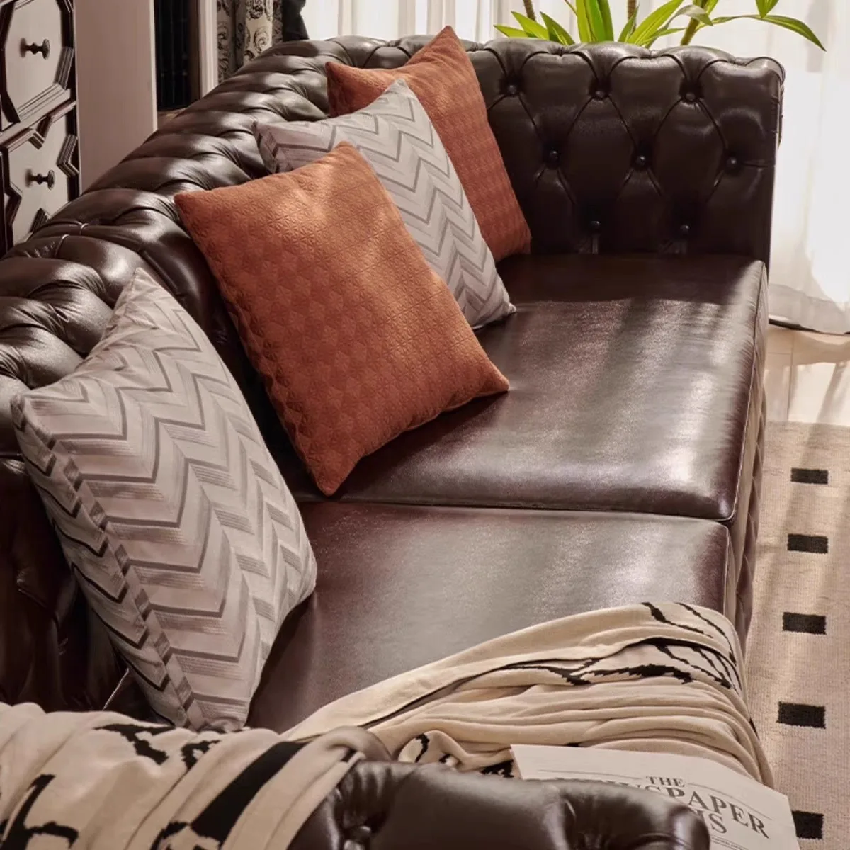 American, leather, sofa, retro, pull button, solid wood, villa, furniture