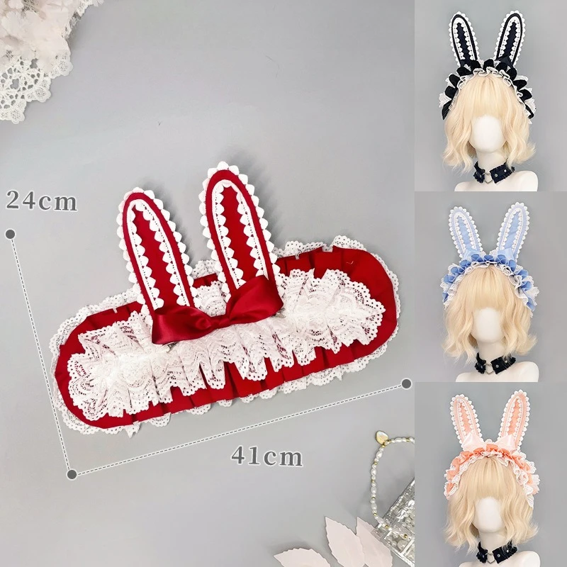 Lolita Rabbit Ear Lace Bow Cosplay Headwear Maid Multi-layered Ruffled Hairband Detachable Bunny Ear Hair Clip Costume Accessory