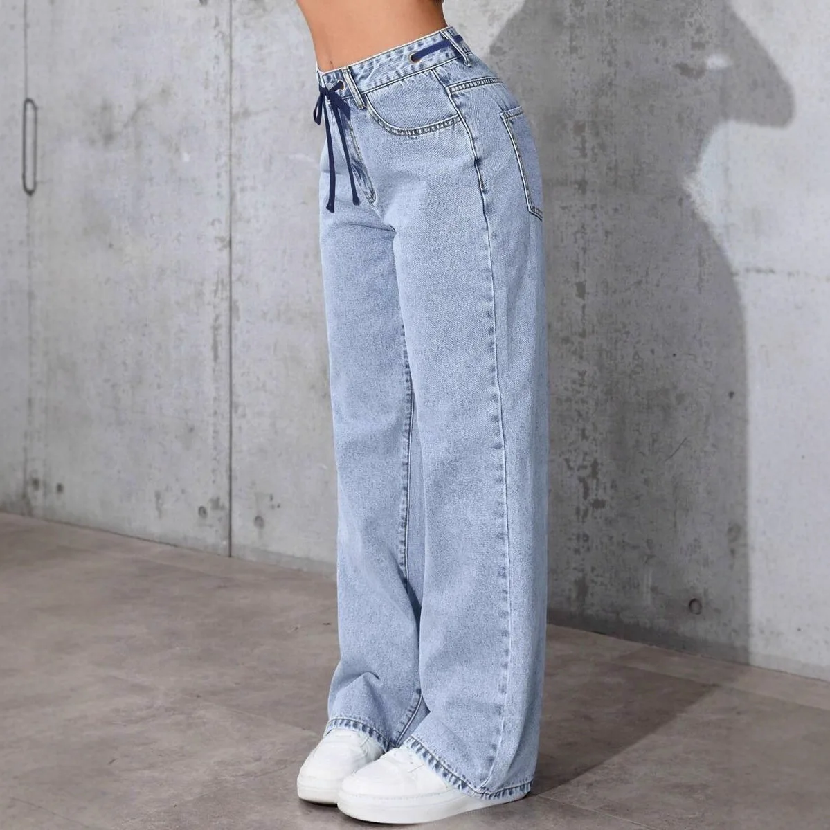 American Blue Washed High-Waisted Straight-Leg Jeans Women Loose Fashion Front & Back Pockets Jeans Suitable Daily Casual Jean