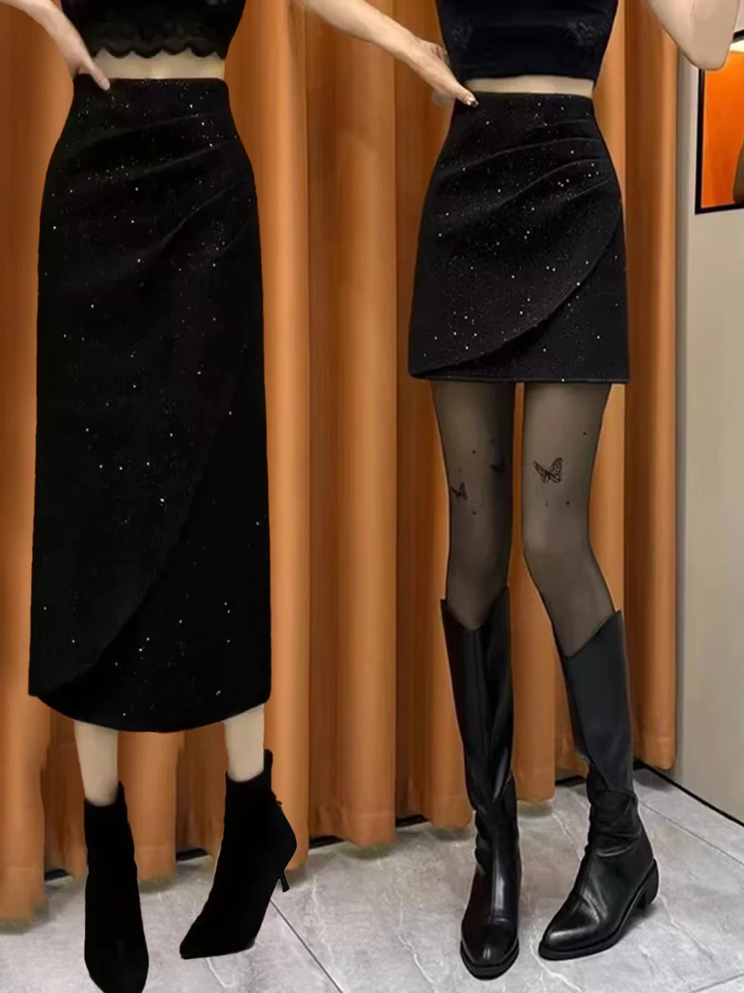 

Корейская женская юбка-миди с высокой талией, асимметричными складками, облегающая, скрывающая недостатки фигуры, с разрезом, новая модная модель