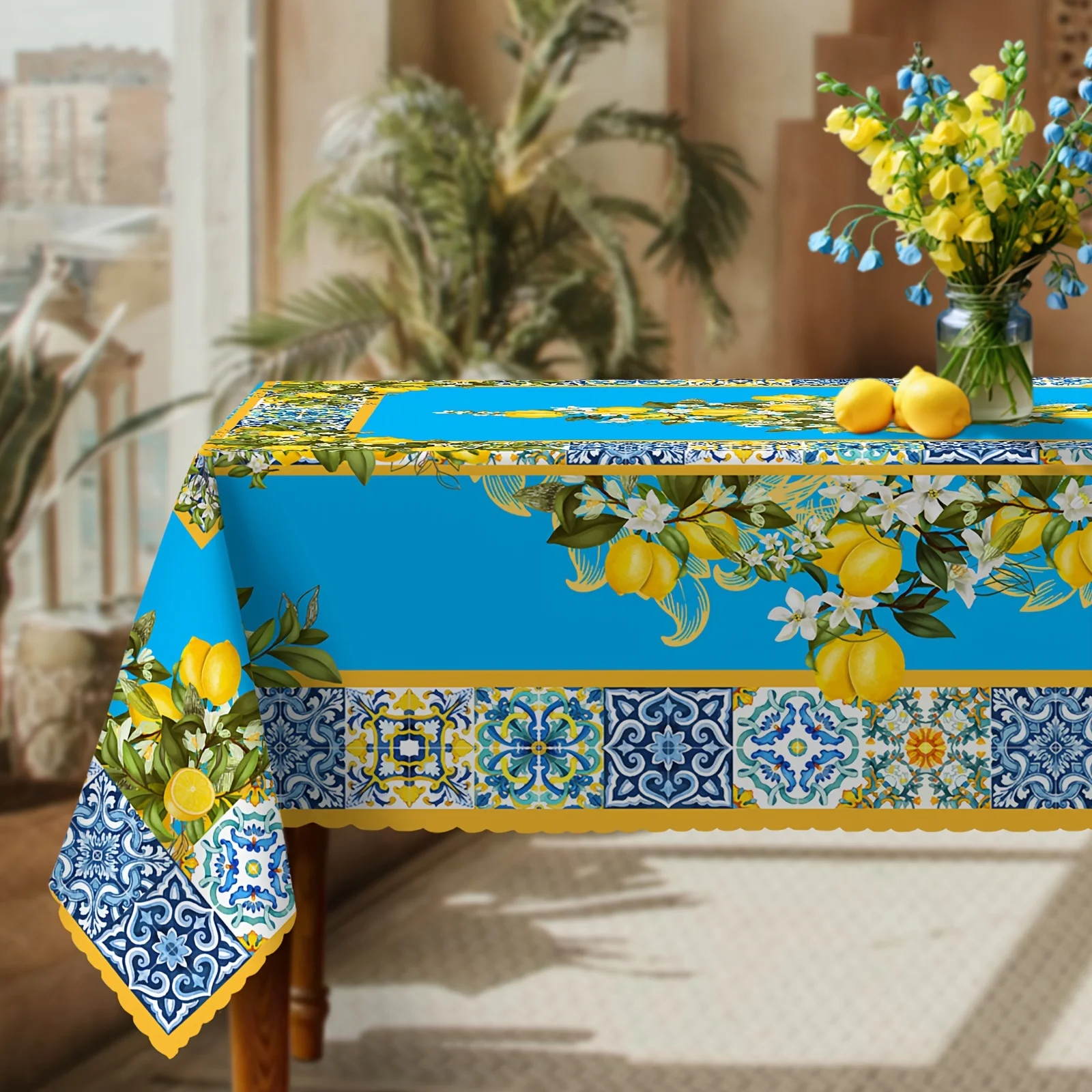 1pc Mediterranean Style Tablecloth Blue And Yellow Lemon Floral Print Table Cover For Kitchen Dining Party  D
