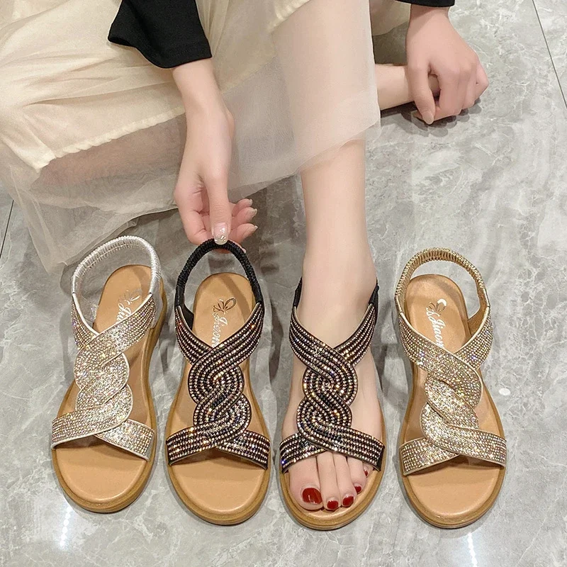 Gold Sandals Rhinestone Wedges Shoes for Women 2024 Medium Heel Gladiator Women\'s Slip-on Shoes Sandalias De Mujer Size 41 42