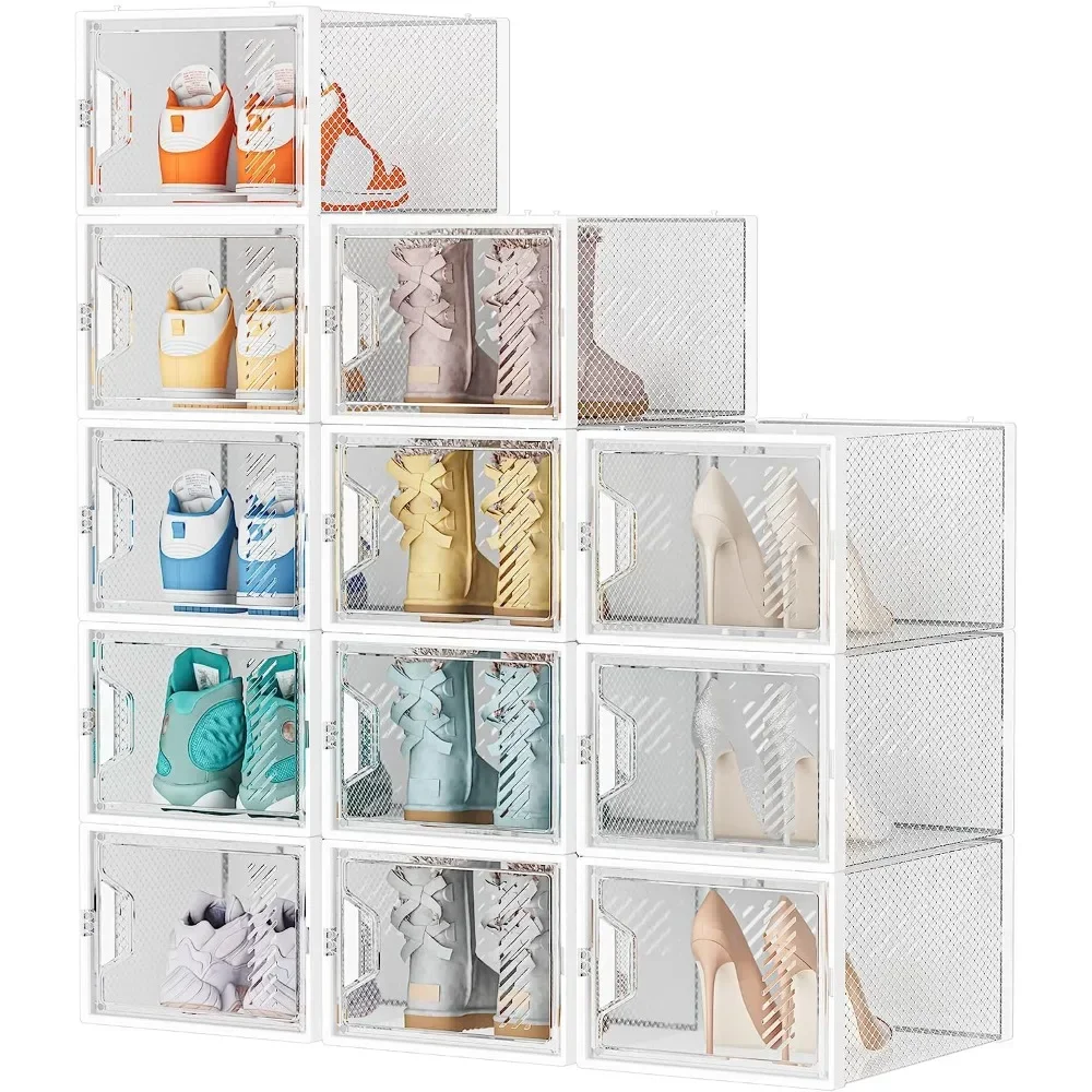 

12 Pack Large Shoe Organizer for Closet, Shoe Boxes Clear Plastic Stackable Shoe Storage Boxes for Size 13