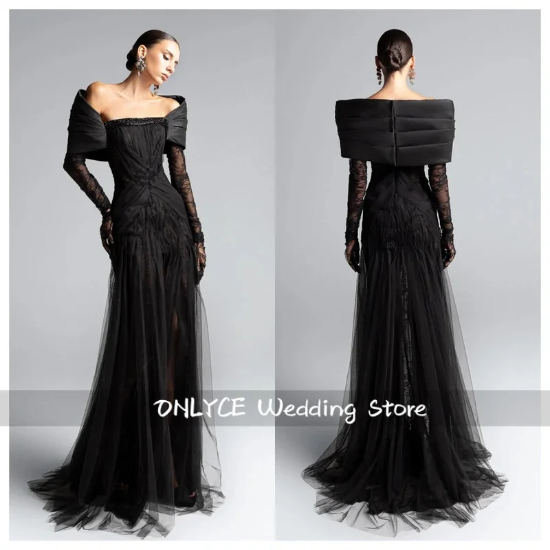 Vestido de noite de tule preto moderno personalizado fora do ombro mangas compridas vestido de baile requintado ocasião especial