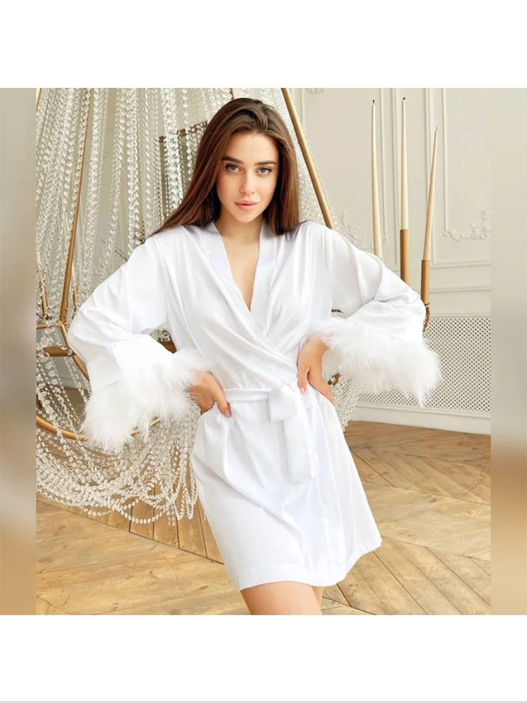 Short Satin Pajamas for Women, White Feather, European and American Fashion, Temperament Long Sleeve, Home Fur, Spring, 2023