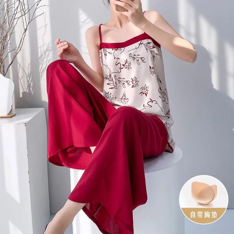 

Women's spring and summer new suspender wide-leg pants set high-end contrasting color cotton silk can be worn outside loungewear