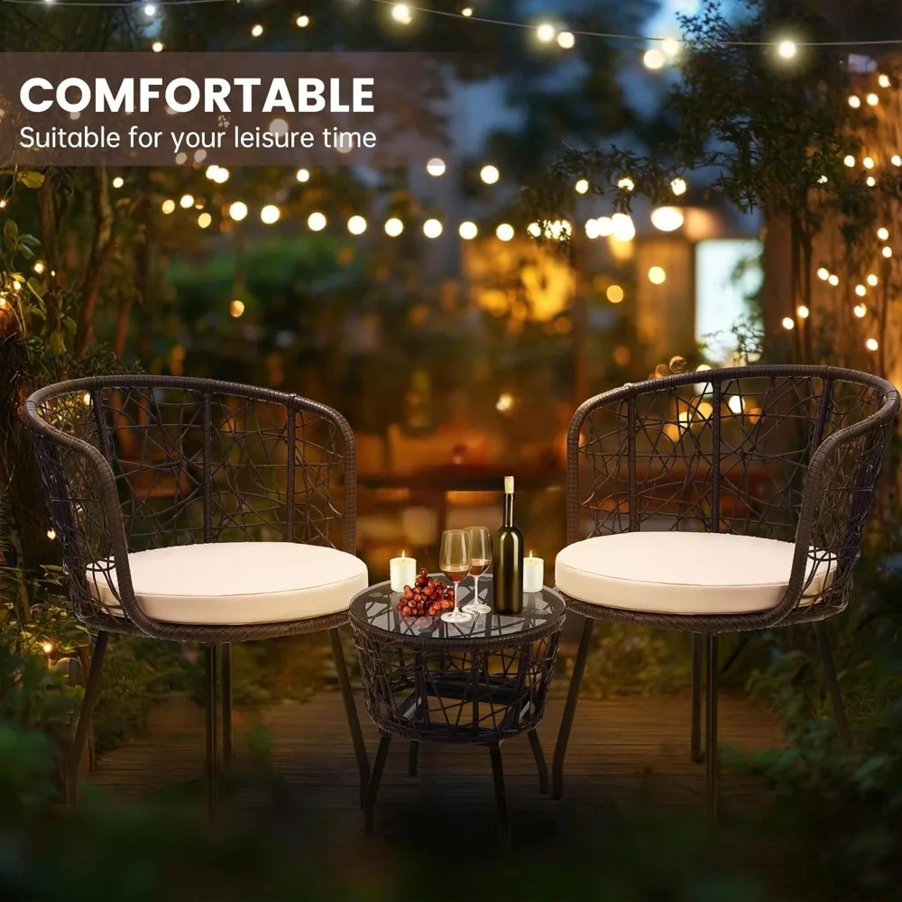 Set da bistrot da 3 pezzi, mobili da giardino moderni in vimini per esterni con piano in vetro temperato e 2 sedie, cuscini lavabili
