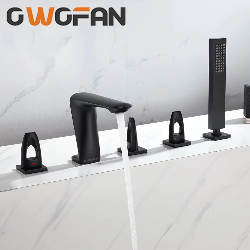 Black Deck Mounted Bathtub Faucet Set 5 Holes Widespread Tub Mixer Bathroom Goose Neck Bath Shower Set with Hand shower 855886