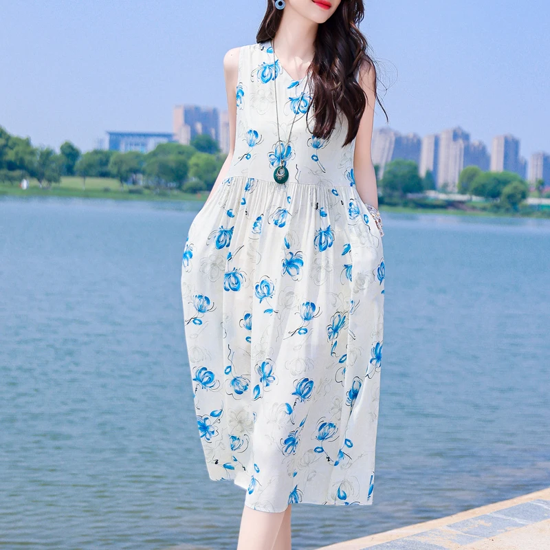 Elegant Sleeveless Dresses For Woman 2024 Casual Loose Vintage Print Long Beach Dress Summer Women\'s Clothing