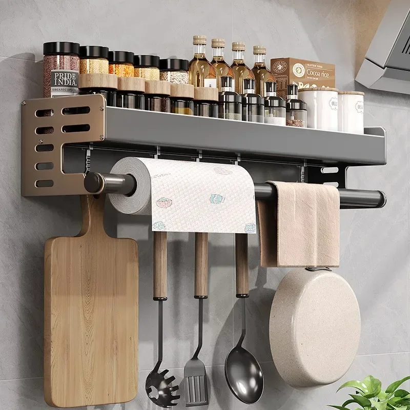 

Gun Ash Kitchen Shelf Space Aluminum Non-Stamping Multifunctional Household Products Seasoning Storage Rack Wall Mounted